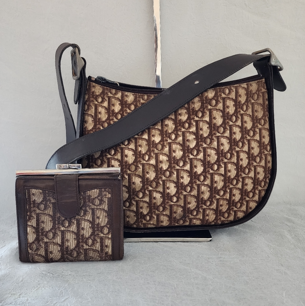 Auth Vintage Dior Trotter Bundle Shoulder Bag and Kisslock Wallet